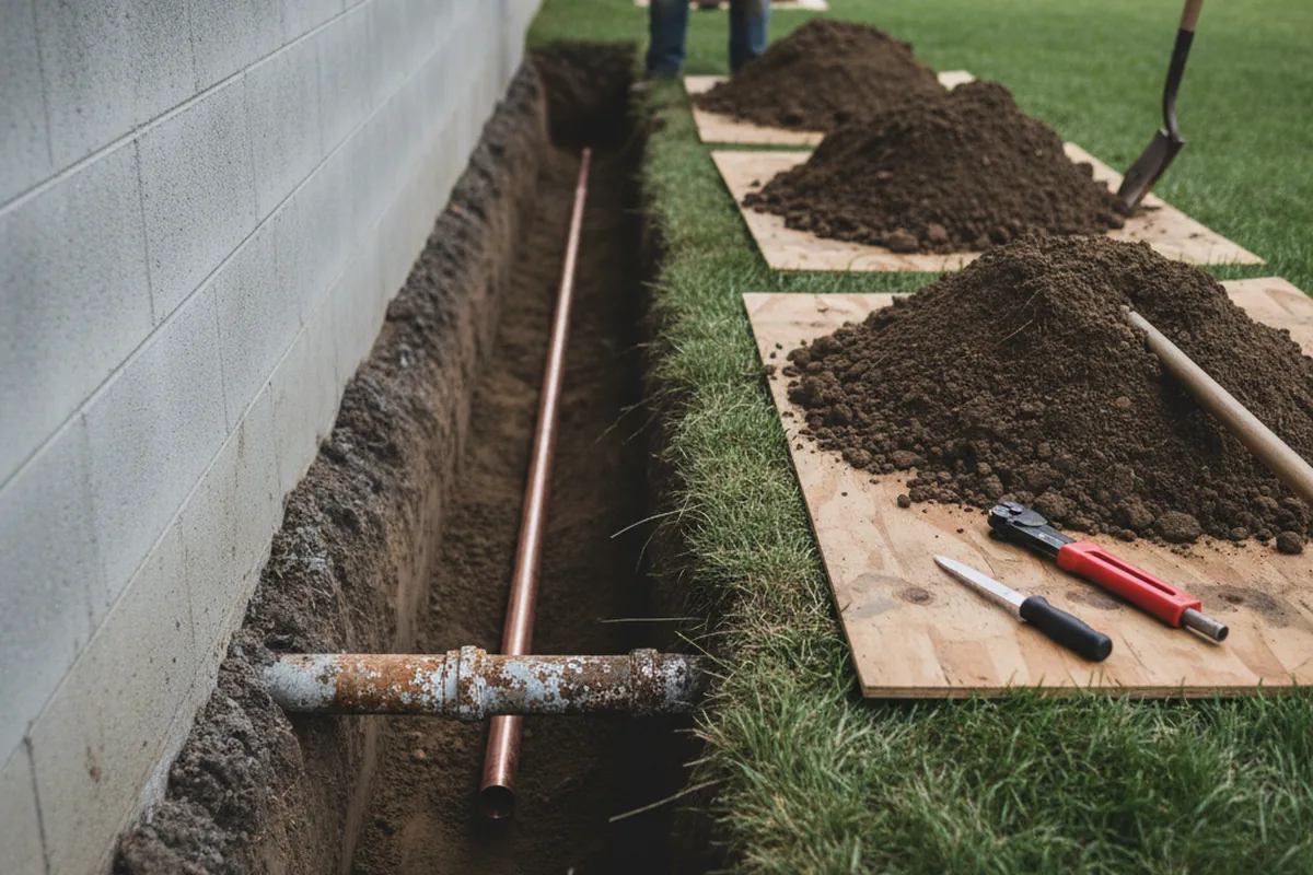 Excavated water line trench during Water Heater Repair in Elmwood
